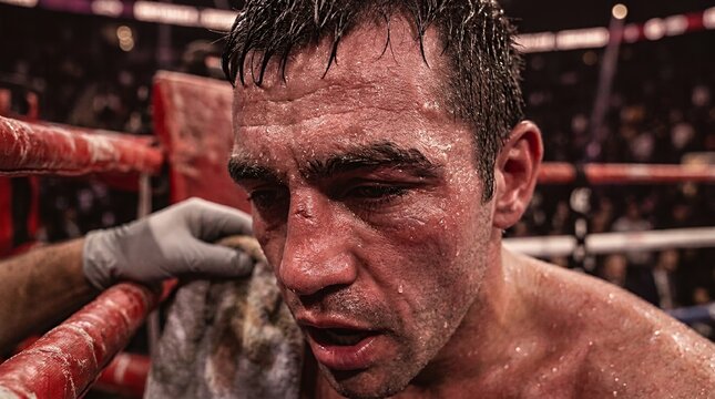 Exhausted boxer wiping sweat during intense match break. Determined athlete showing grit and endurance in competitive sports fight.