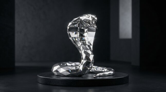Abstract silver cobra sculpture on pedestal dark background