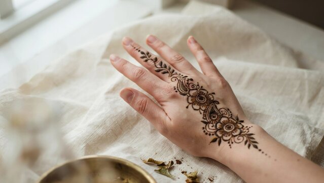 Elegant henna tattoo design adorning delicate female hand resting upon soft textured linen fabric surface with decorated intricate henna pattern resting crumpled