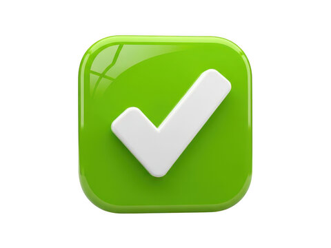 Green glossy check mark icon button with a white tick symbol isolated on transparent background