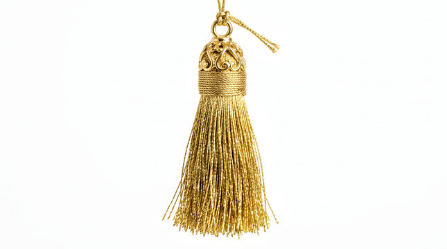 Elegant gold silk tassel ornament with ornate metallic cap isolated on white background.