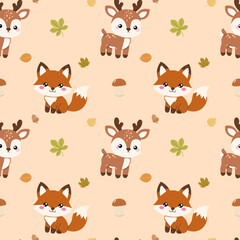 Naklejka premium Cute woodland animals seamless pattern. Autumn forest background with fox, deer, leaves and mushroom