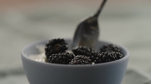 Slow motion taking a spoon of blackberries with yogurt from a bowl