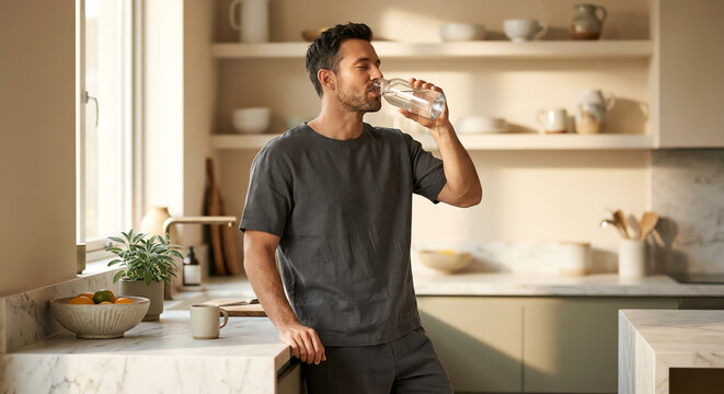 Man drinking water in modern kitchen