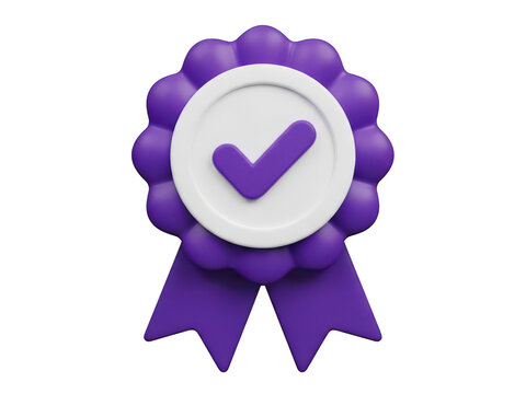 Purple 3d award ribbon badge with a white check mark icon isolated on transparent background