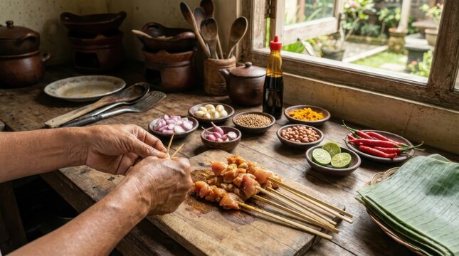 Person preparing raw chicken satay skewers on a rustic wooden kitchen table