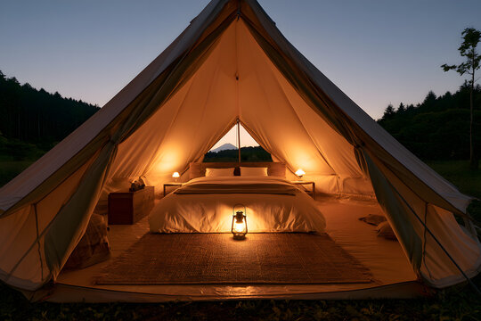 Cozy Glamping Tent Interior in Countryside Near Mount Fuji During Sunset with Warm Lighting and Natural Decor