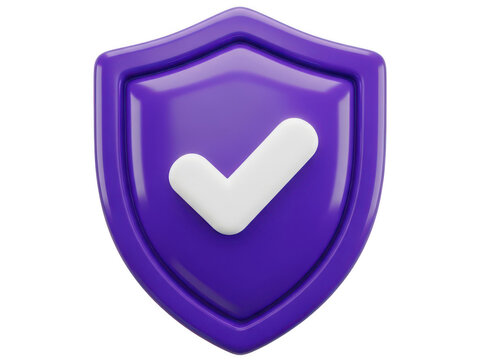 Purple shield icon with a white check mark symbol for security and success isolated on transparent background
