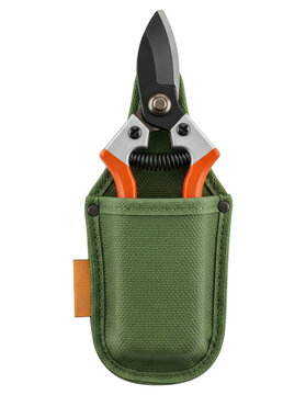 Garden secateurs in green canvas pouch isolated with transparent background