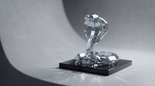 Crystal cobra sculpture with reflected light on dark pedestal