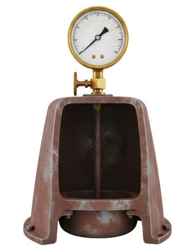 Vintage industrial pressure gauge on weathered metal base on a transparent backdrop