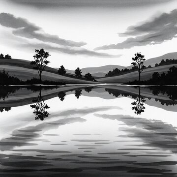 水面に映る静寂な風景、両岸の木々、広がる丘陵、流れる雲。