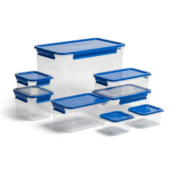 Set of various sizes of clear plastic food storage containers with blue locking lids isolated on white background