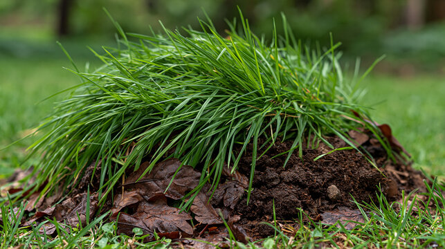 Fresh green grass tuft growing from a soil mound, showcasing new growth and healthy nature in a garden or lawn environment