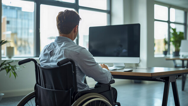 A man in a wheelchair working on a computer in a modern office