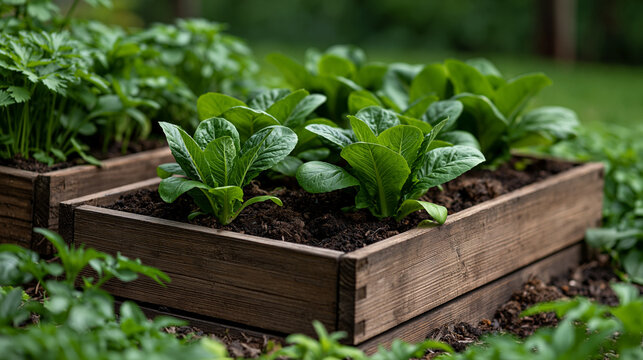 Fresh green lettuce plants thrive in rich soil within sturdy wooden raised beds, showcasing a home vegetable garden for healthy eating and sustainable growth