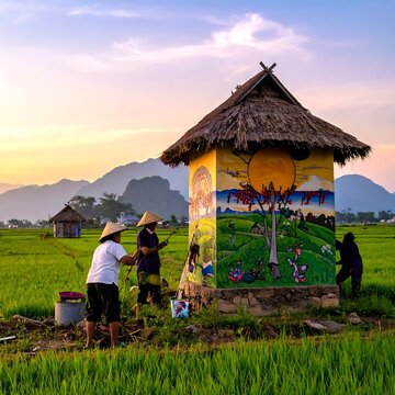 Local farmers painting a traditional shrine in a vibrant Indonesian rice field at sunset.