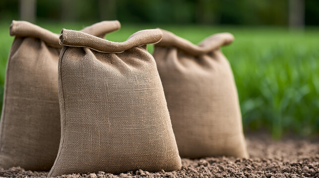 Burlap sacks filling with soil, standing in a cultivated field, representing agriculture, harvest, farming, sustainability, and rural abundance concept, copy space