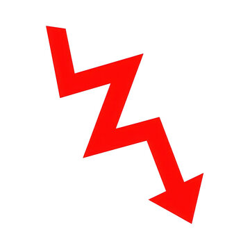 Red zigzag arrow pointing down representing a sharp decline or financial drop isolated on transparent background