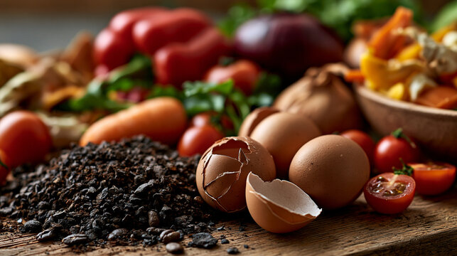 Creating nutrient rich compost with organic kitchen scraps, including coffee grounds, eggshells, and vegetable waste, for sustainable gardening and reducing food waste