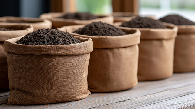 Burlap sacks filled with fertile soil, creating a concept of organic gardening, sustainable agriculture, ecological farming, and earth friendly growth cultivation, copy space