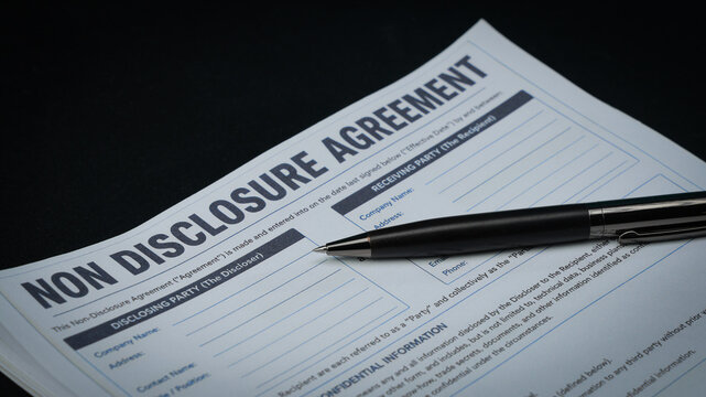 Confidentiality agreement document paper pen business contract signature form legal privacy closeup on dark desk for secure information