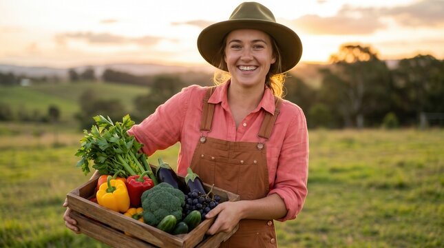 Smiling female farmer holding a wooden crate full of fresh organic vegetables in a field at sunset