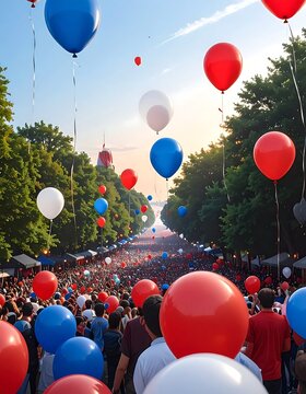 Large crowd celebrating with red white and blue balloons in city street.