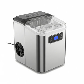 Portable stainless steel ice maker machine for home and office use isolated on white background