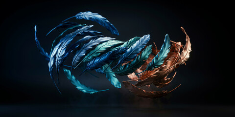 Obraz premium Swirling blue and bronze feathers in dynamic floating motion