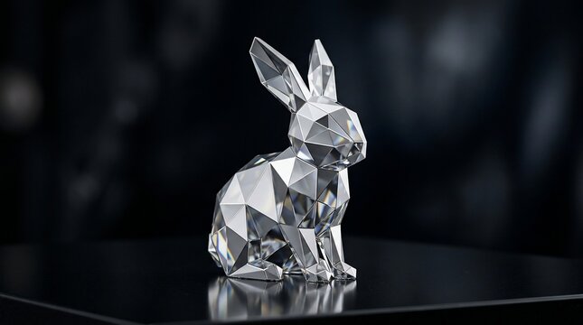 Geometric crystal rabbit sculpture displayed indoors with soft lighting