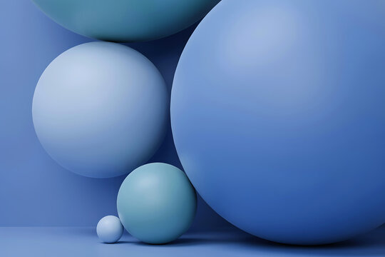 Minimalist composition of spheres in varying shades of blue and teal with abstract geometric minimalist background composition spherical gradient creative monochromatic decorative wallpaper