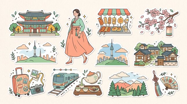 Korean travel sticker set with hanbok woman and landmarks. Traditional South Korea culture icons. Hand drawn travel illustrations.