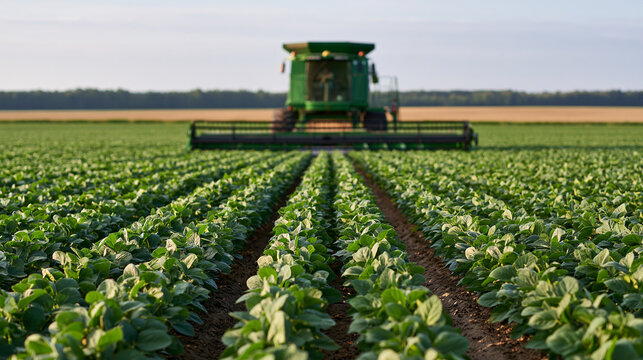 Green combine harvester working in a large soybean field at sunrise, modern agriculture providing food production and farming progress