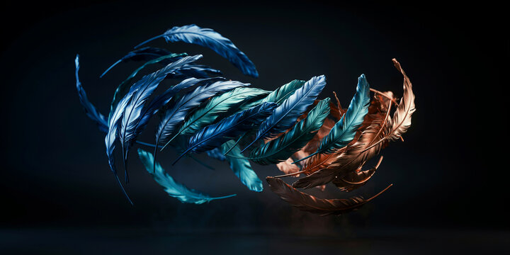 Swirling blue and bronze feathers in dynamic floating motion
