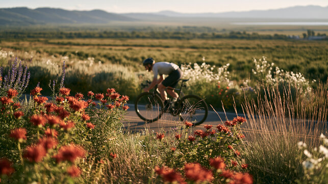 Cyclist riding a road bike on a scenic rural road, passing wild flowers and tall grass during a beautiful summer sunset, exploring nature and active travel