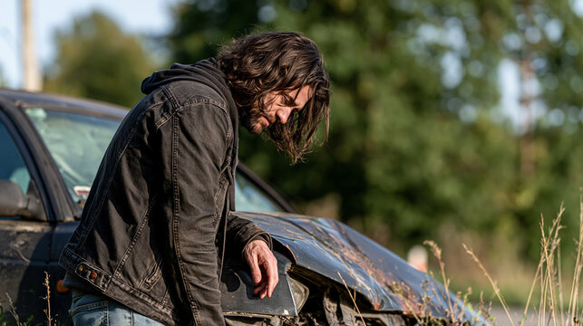 Disappointed man with long hair and beard wearing a black jacket. Leaning on the damaged hood of a wrecked car. Reflecting feelings of grief. Despair, copy space