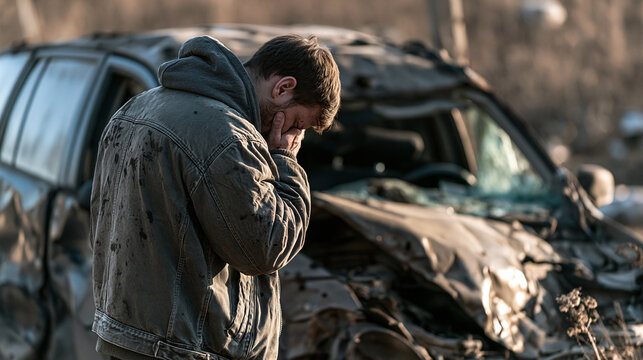 Distraught man coping with sadness and grief after a severe car crash, suffering from trauma and despair near the wrecked vehicle on a desolate road