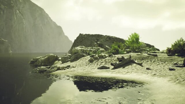 Rugged cliff edge opening to expansive fjord vista, rough rock faces and distant peaks, dramatic scale and raw textures for outdoor adventure and exploration