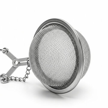 Stainless steel tea infuser with a fine mesh ball and a chain, designed for steeping loose leaf tea in a cup or teapot, isolated on white background