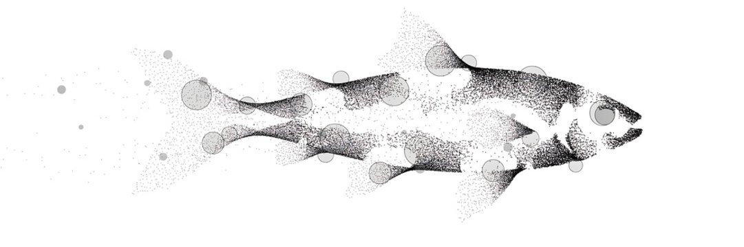 Abstract illustration of a fish made from particles with particles abstract wildlife creature silhouette pointillism minimalist monochrome swimming