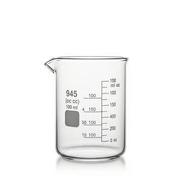 Empty glass laboratory beaker with measurement markings isolated on white background