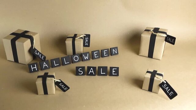 Promotional gliding shot featuring Halloween sale text on black tiles, surrounded by gift boxes with sale tags on a light brown background, announcing seasonal shopping discounts and offers
