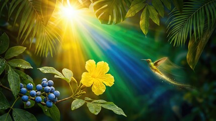 Fototapeta premium Hummingbird flying near yellow flower in lush tropical forest. Sunlight shining through green palm leaves. Vibrant nature landscape for Independence Day of Brazil celebration concept.