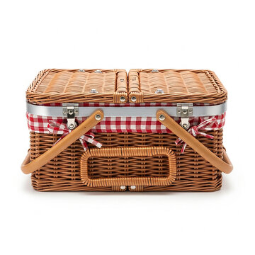 Wicker picnic basket with red and white checkered cloth lining isolated on white background
