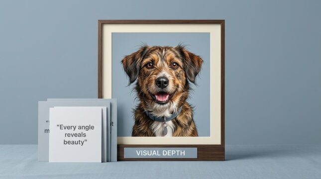 Adorable brown scruffy dog portrait displayed in a wooden frame with visual depth text and a quote card on a light blue background representing high quality pet photography and home interior decor now