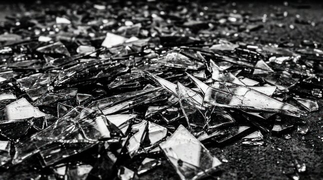 monochrome shattered broken glass shards pile sharp reflective abstract background