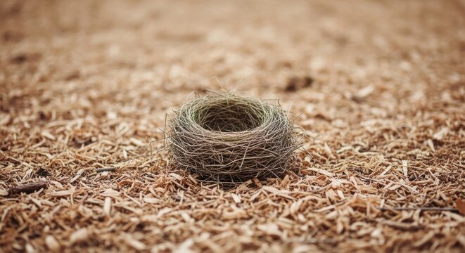 Small empty bird nest sitting on wood chip mulch floor with soft blurred background.