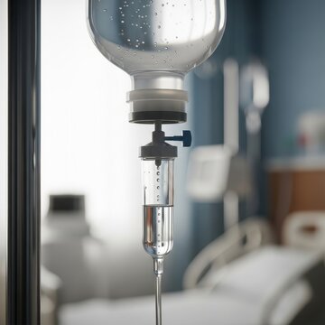 Medical IV drip bag with saline solution in a hospital room, offering patient care and treatment.