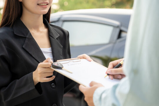 lease, rental car, sell, buy. Dealership send contract and car keys to new owner to sign. Sales, loan credit financial, rent vehicle, insurance, renting, Seller, dealer, installment, car care business